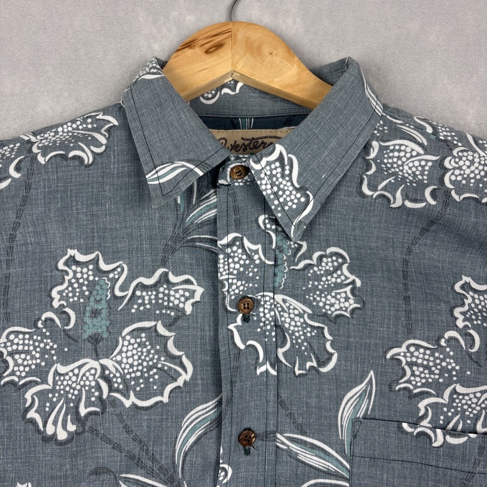 Western Aloha Shirt Mens Large Blue Gray Floral Hawaiian Button Up Casual Beach - Picture 9 of 9